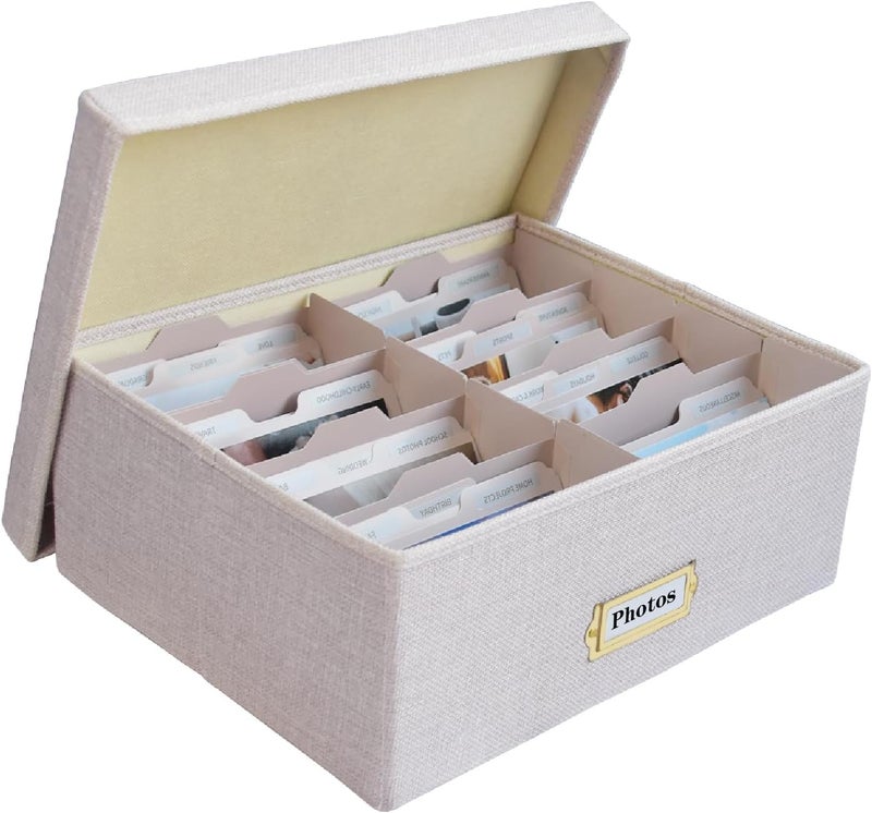 Sprsthai Linen Photo Storage Box – Holds 1700 Photos, 24 Adjustable Dividers & 72 Labels Multi-Use Organizer for Photos, Envelopes, Recipes Beige - Image 1